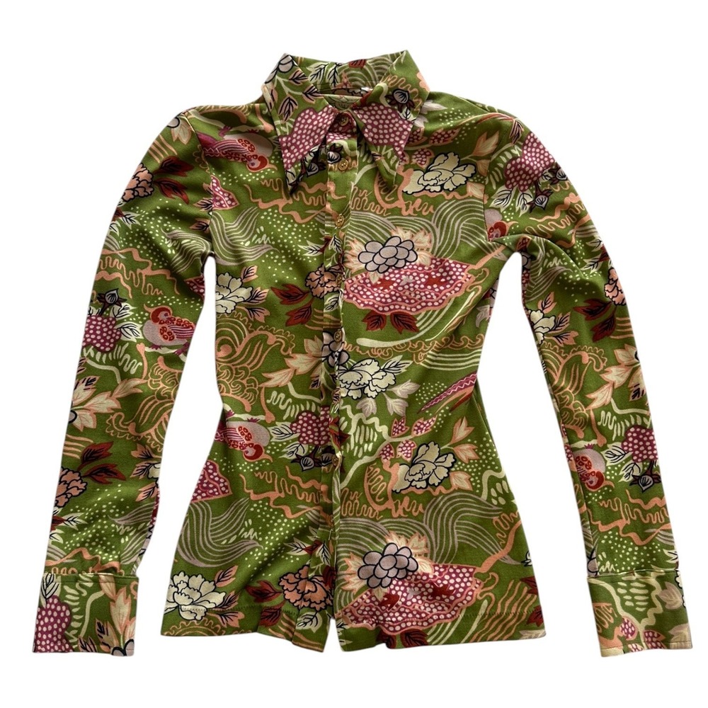 Vintage 70s funky printed dagger collar button up disco shirt